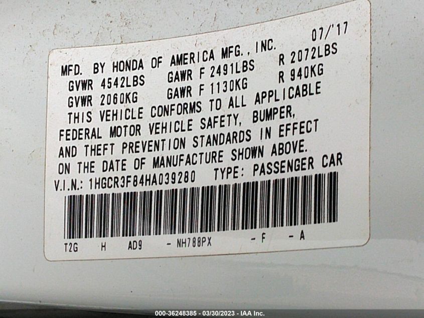 2017 HONDA ACCORD SEDAN EX-L V6 - 1HGCR3F84HA039280