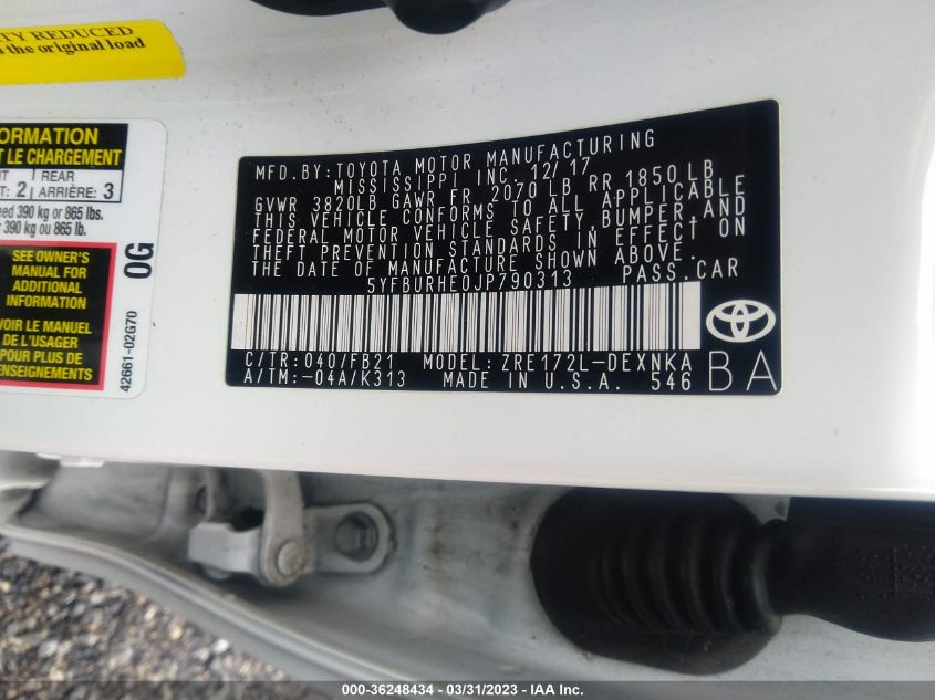 2018 TOYOTA COROLLA L/LE/XLE/SE/XSE - 5YFBURHE0JP790313