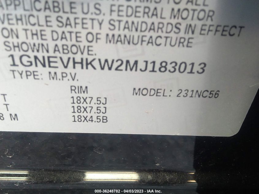 2021 CHEVROLET TRAVERSE LT LEATHER - 1GNEVHKW2MJ183013