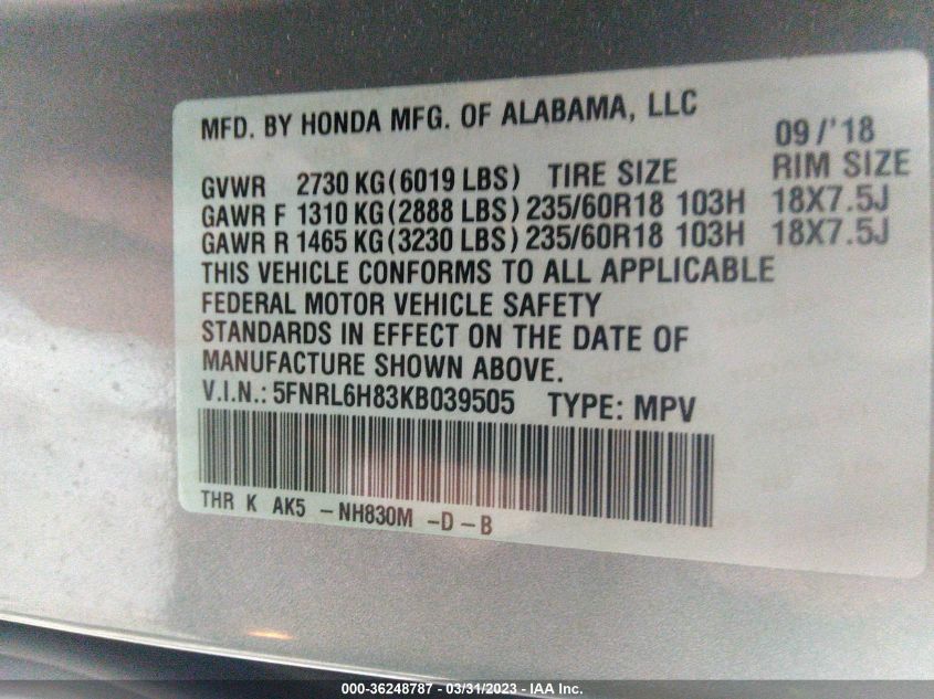 2019 HONDA ODYSSEY TOURING - 5FNRL6H83KB039505