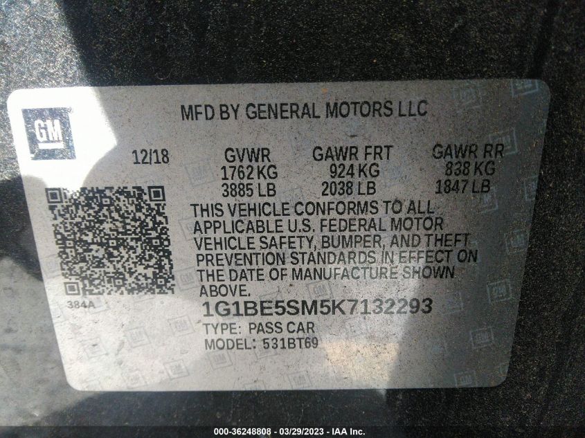 2019 CHEVROLET CRUZE LT - 1G1BE5SM5K7132293
