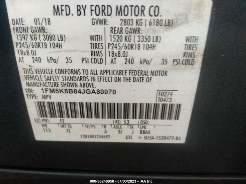 2018 FORD EXPLORER BASE - 1FM5K8B84JGA80070