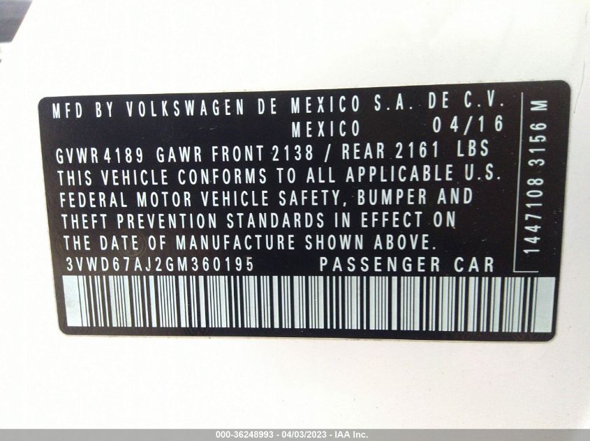 2016 VOLKSWAGEN JETTA SEDAN 1.4T SE 3VWD67AJ2GM360195