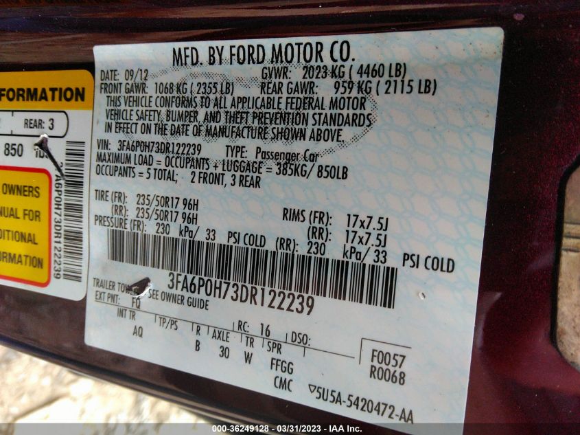 2013 FORD FUSION SE - 3FA6P0H73DR122239