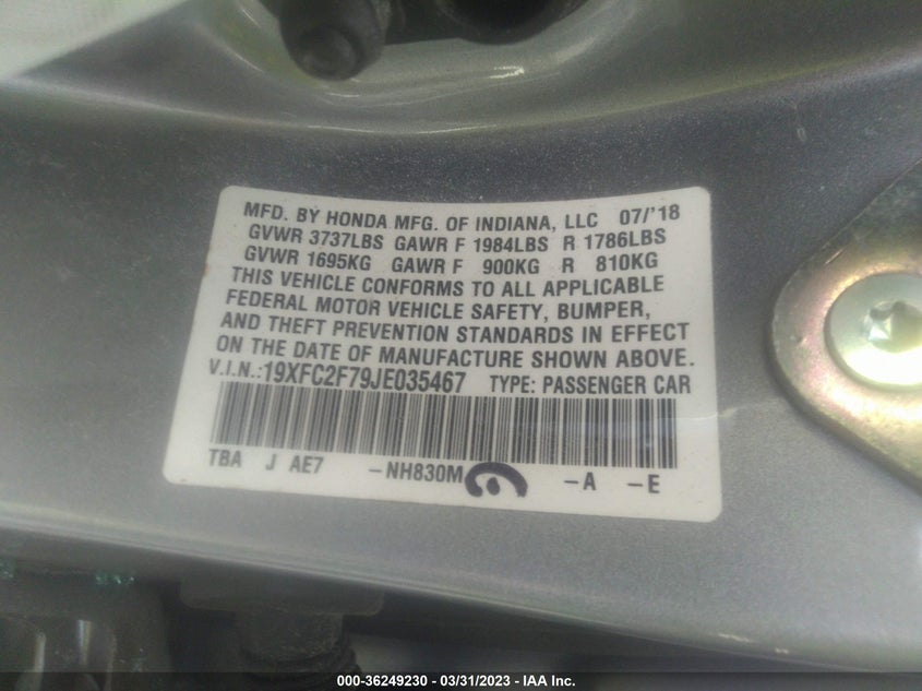 VIN 19XFC2F79JE035467 2018 HONDA CIVIC SEDAN EX