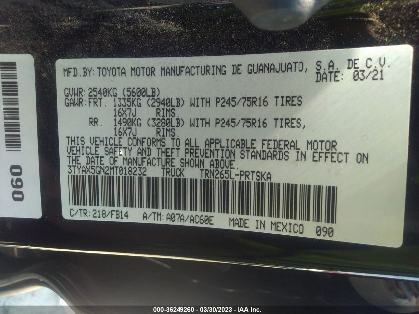 2021 TOYOTA TACOMA 2WD SR/SR5 - 3TYAX5GN2MT018232