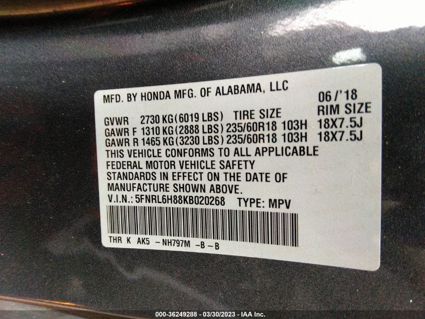 2019 HONDA ODYSSEY TOURING - 5FNRL6H88KB020268