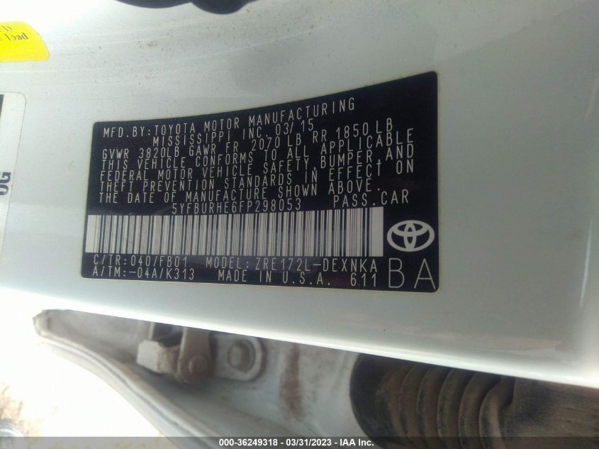 2015 TOYOTA COROLLA L/LE/S/S PLUS/LE PLUS - 5YFBURHE6FP298053