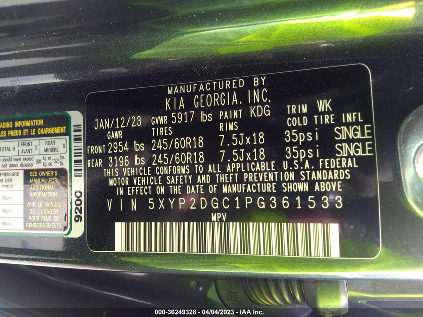 VIN 5XYP2DGC1PG361533 2023 KIA TELLURIDE LX