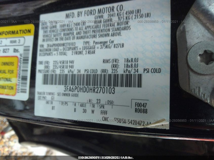 2017 FORD FUSION SE - 3FA6P0HD0HR270103