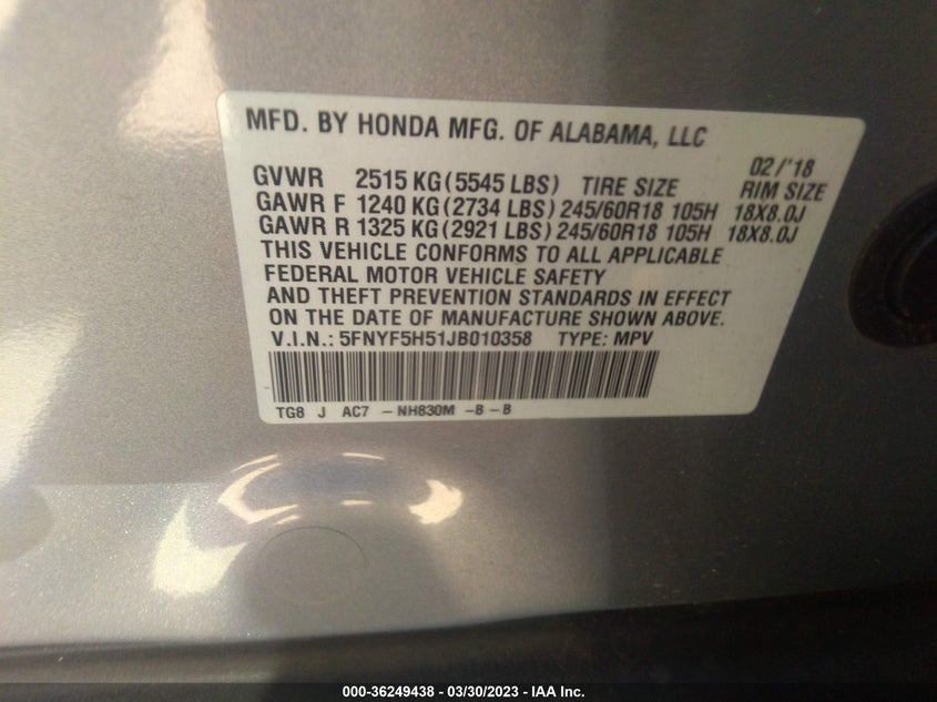 VIN 5FNYF5H51JB010358 2018 HONDA PILOT EX-L