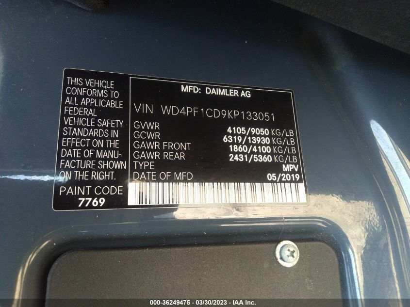 2019 MERCEDES-BENZ SPRINTER VAN - WD4PF1CD9KP133051