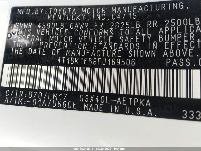 2015 TOYOTA AVALON LIMITED - 4T1BK1EB8FU169506