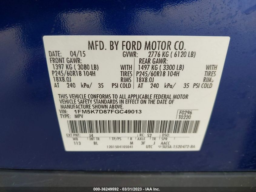 2015 FORD EXPLORER XLT - 1FM5K7D87FGC49013
