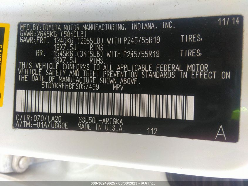 2015 TOYOTA HIGHLANDER LIMITED - 5TDYKRFH8FS057499