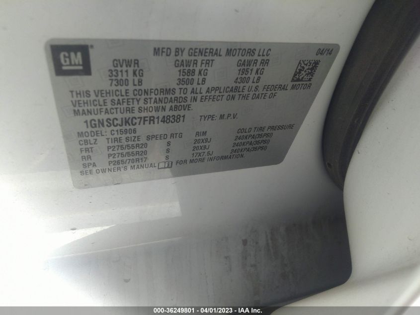 2015 CHEVROLET SUBURBAN LT - 1GNSCJKC7FR148381