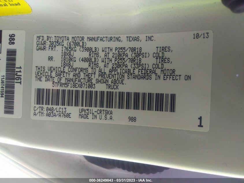 2014 TOYOTA TUNDRA 2WD TRUCK SR/SR5 - 5TFRM5F18EX071003