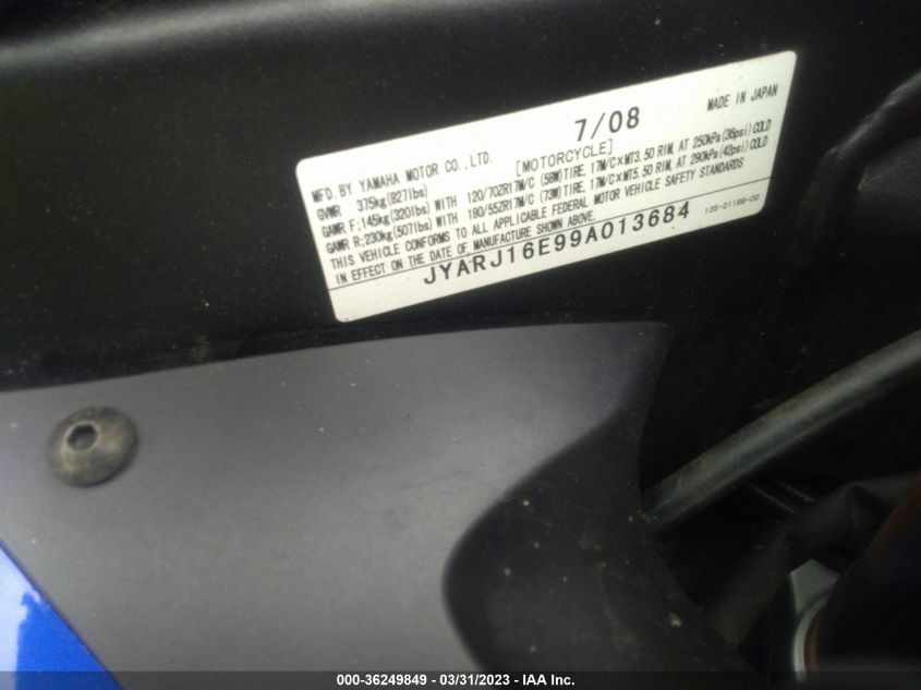 2009 YAMAHA YZFR6 JYARJ16E99A013684