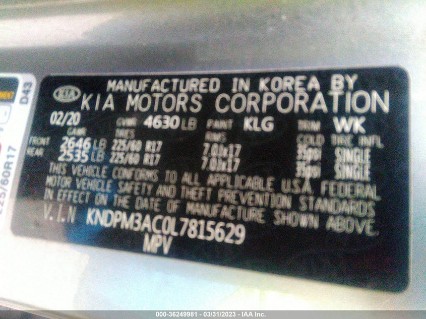 VIN KNDPM3AC0L7815629 2020 KIA SPORTAGE LX