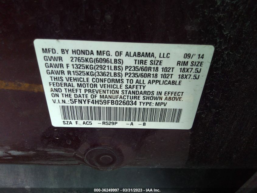 2015 HONDA PILOT EX-L - 5FNYF4H59FB026034