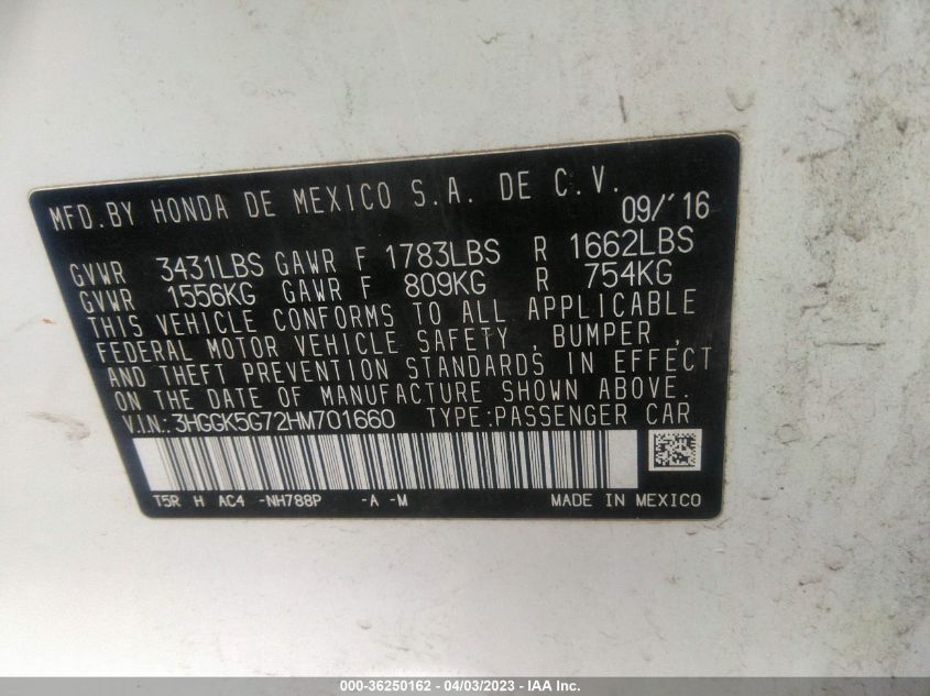 2017 HONDA FIT EX - 3HGGK5G72HM701660