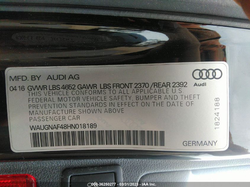 2017 AUDI A4 PREMIUM - WAUGNAF48HN018189