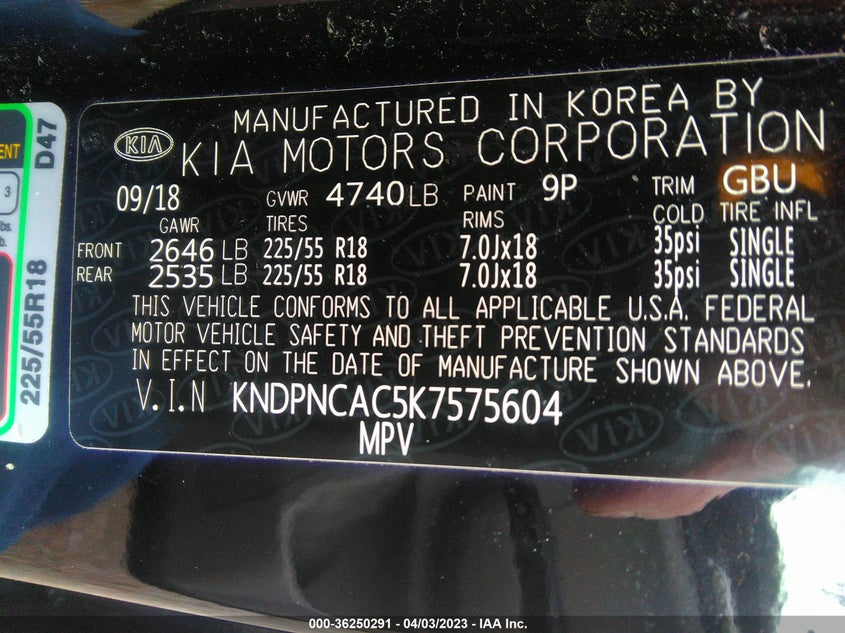 VIN KNDPNCAC5K7575604 2019 KIA SPORTAGE EX