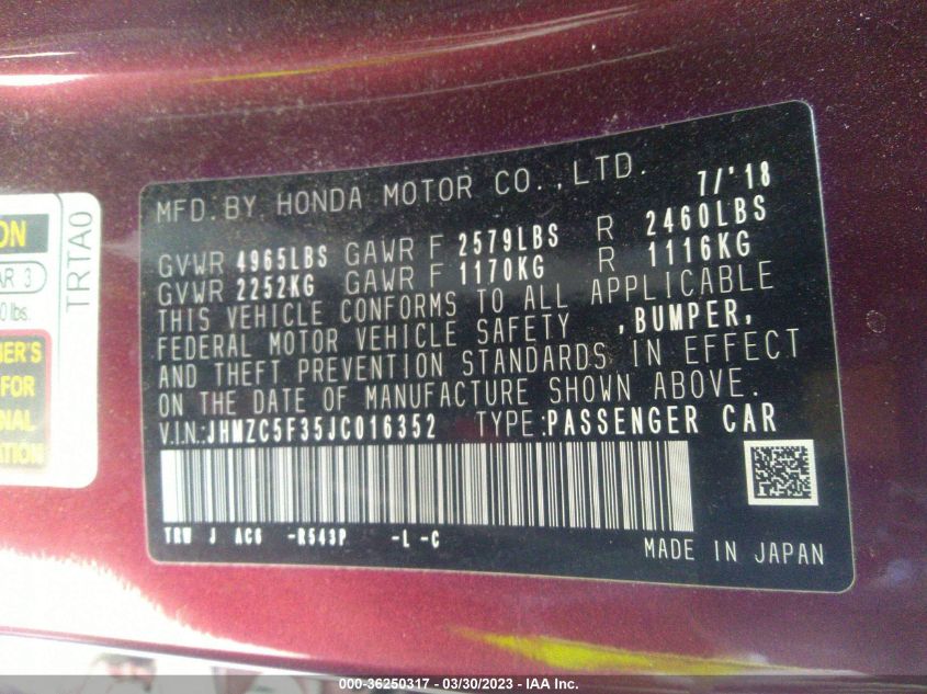 2018 HONDA CLARITY PLUG-IN HYBRID TOURING JHMZC5F35JC016352