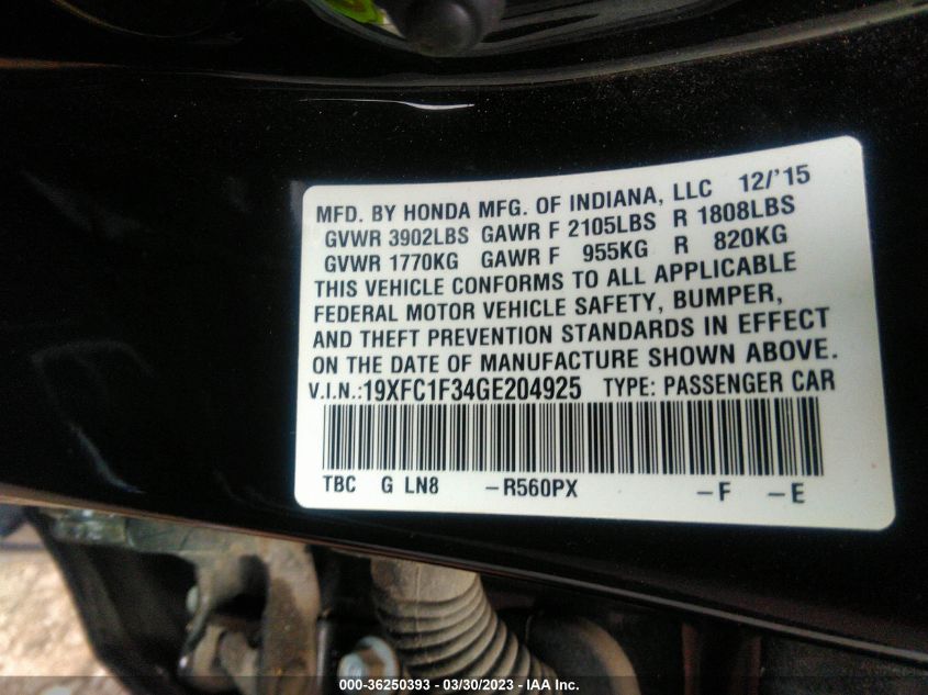 2016 HONDA CIVIC SEDAN EX-T - 19XFC1F34GE204925