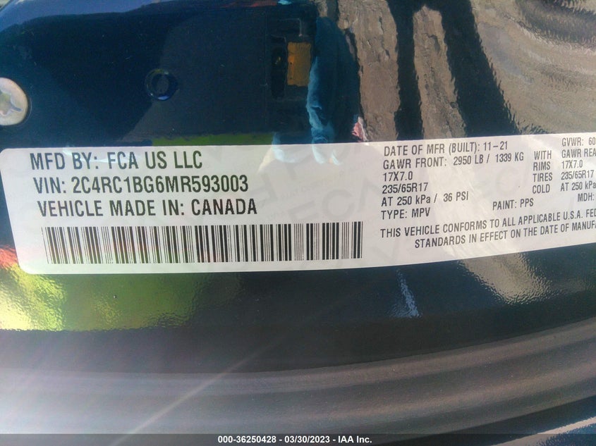 VIN 2C4RC1BG6MR593003 2021 CHRYSLER PACIFICA TOURING L