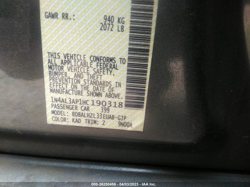 VIN 1N4AL3AP1HC190318 2017 NISSAN ALTIMA 2.5 SR