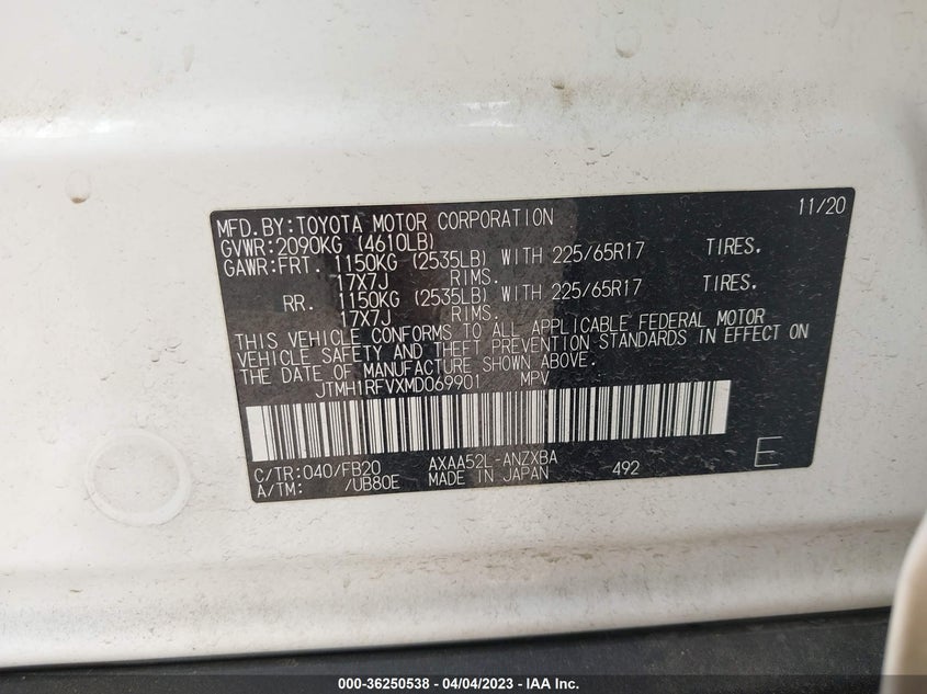 VIN JTMH1RFVXMD069901 2021 TOYOTA RAV4 LE