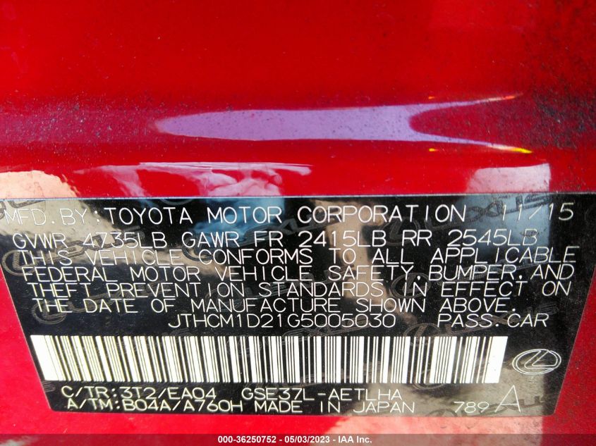 2016 LEXUS IS 300 JTHCM1D21G5005030