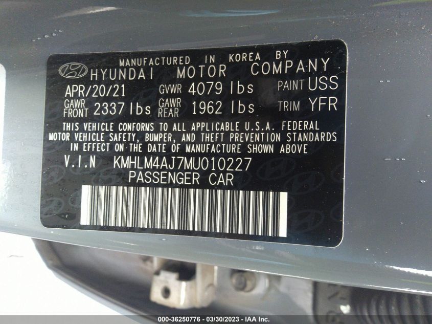 2021 HYUNDAI ELANTRA HYBRID BLUE KMHLM4AJ7MU010227