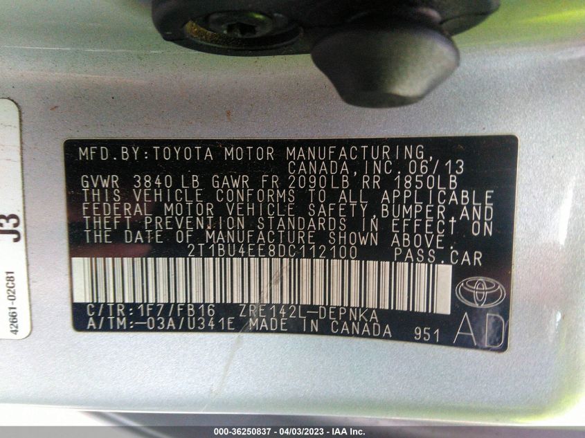 2013 TOYOTA COROLLA L/LE/S - 2T1BU4EE8DC112100