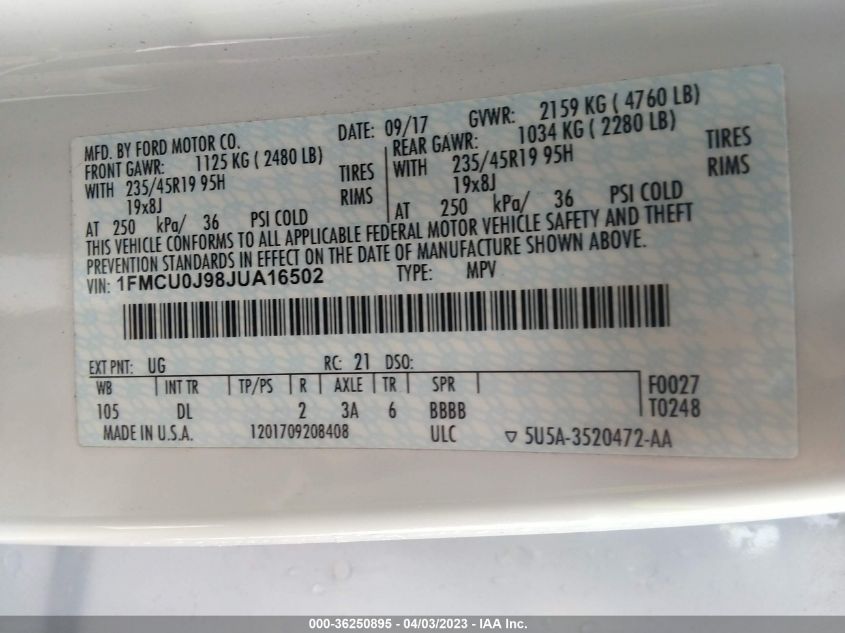 2018 FORD ESCAPE TITANIUM - 1FMCU0J98JUA16502