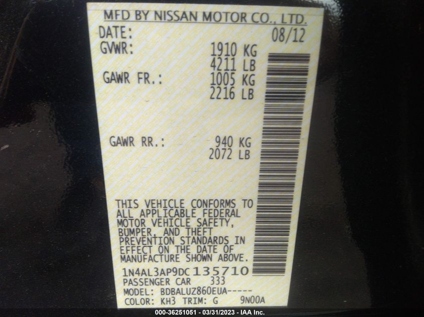 2013 NISSAN ALTIMA 2.5 SV - 1N4AL3AP9DC135710