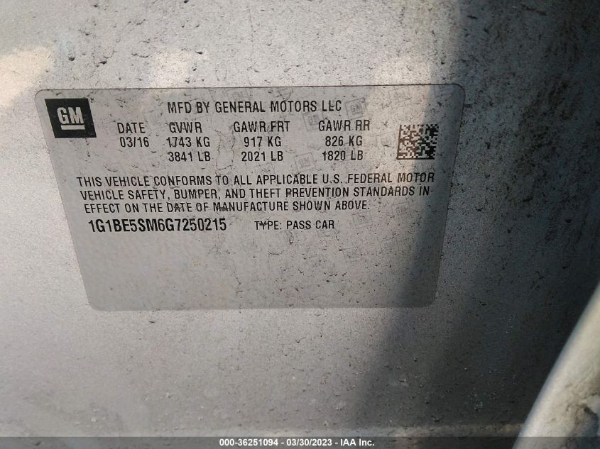 2016 CHEVROLET CRUZE LT - 1G1BE5SM6G7250215