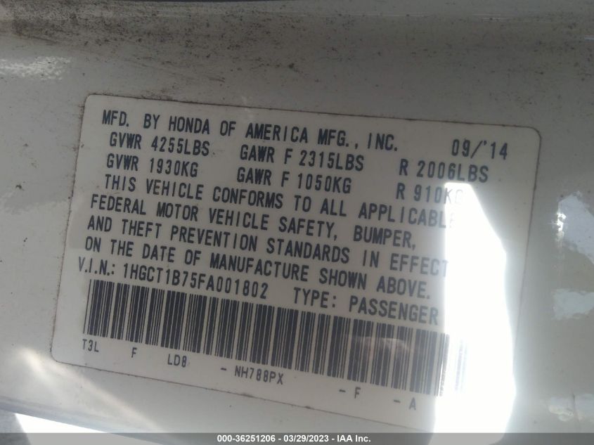 2015 HONDA ACCORD COUPE EX - 1HGCT1B75FA001802