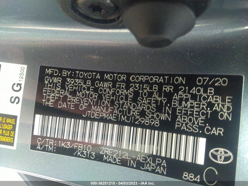 VIN JTDEPMAE1MJ129898 2021 TOYOTA COROLLA LE