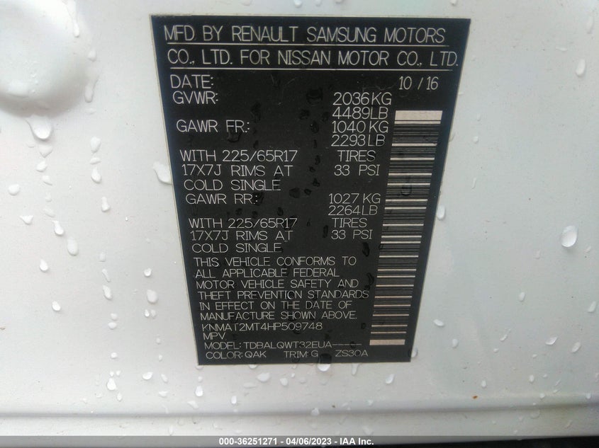 VIN KNMAT2MT4HP509748 2017 NISSAN ROGUE SV