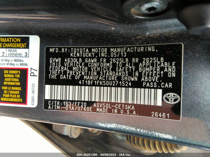 2013 TOYOTA CAMRY L/LE/SE/XLE - 4T1BF1FK5DU271524