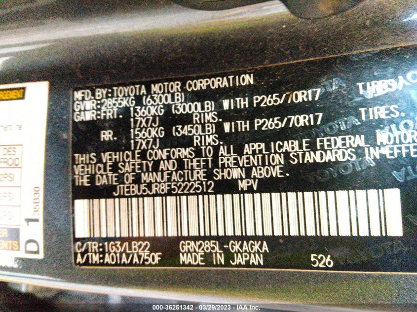 2015 TOYOTA 4RUNNER LIMITED/TRAIL/SR5 - JTEBU5JR8F5222512