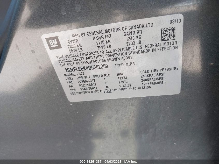 2013 CHEVROLET EQUINOX LT - 2GNFLEEK4D6302209