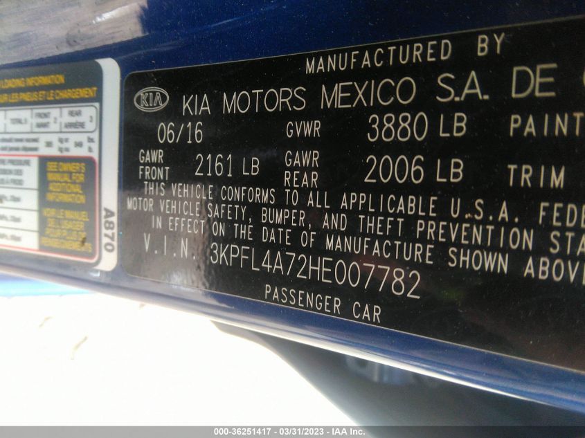 2017 KIA FORTE LX - 3KPFL4A72HE007782