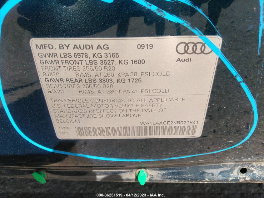 2019 AUDI E-TRON PREMIUM PLUS WA1LAAGE2KB021841