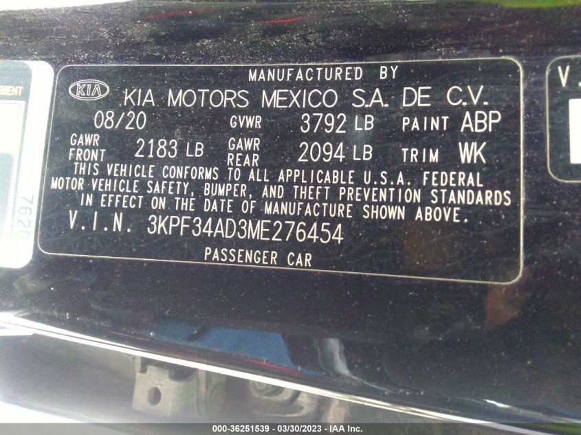 2021 KIA FORTE GT-LINE - 3KPF34AD3ME276454