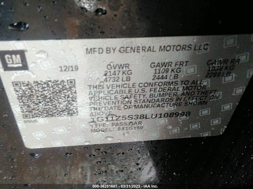 2020 CHEVROLET IMPALA LT - 1G11Z5S38LU108998