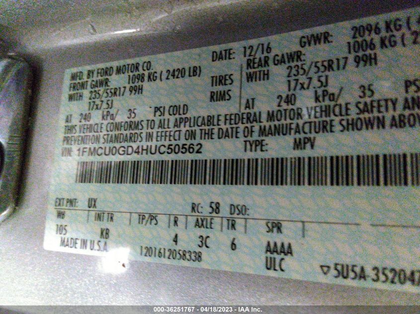 2017 FORD ESCAPE SE - 1FMCU0GD4HUC50562