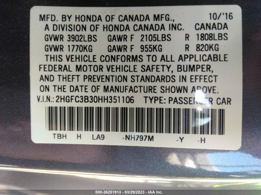2017 HONDA CIVIC COUPE EX-T - 2HGFC3B30HH351106